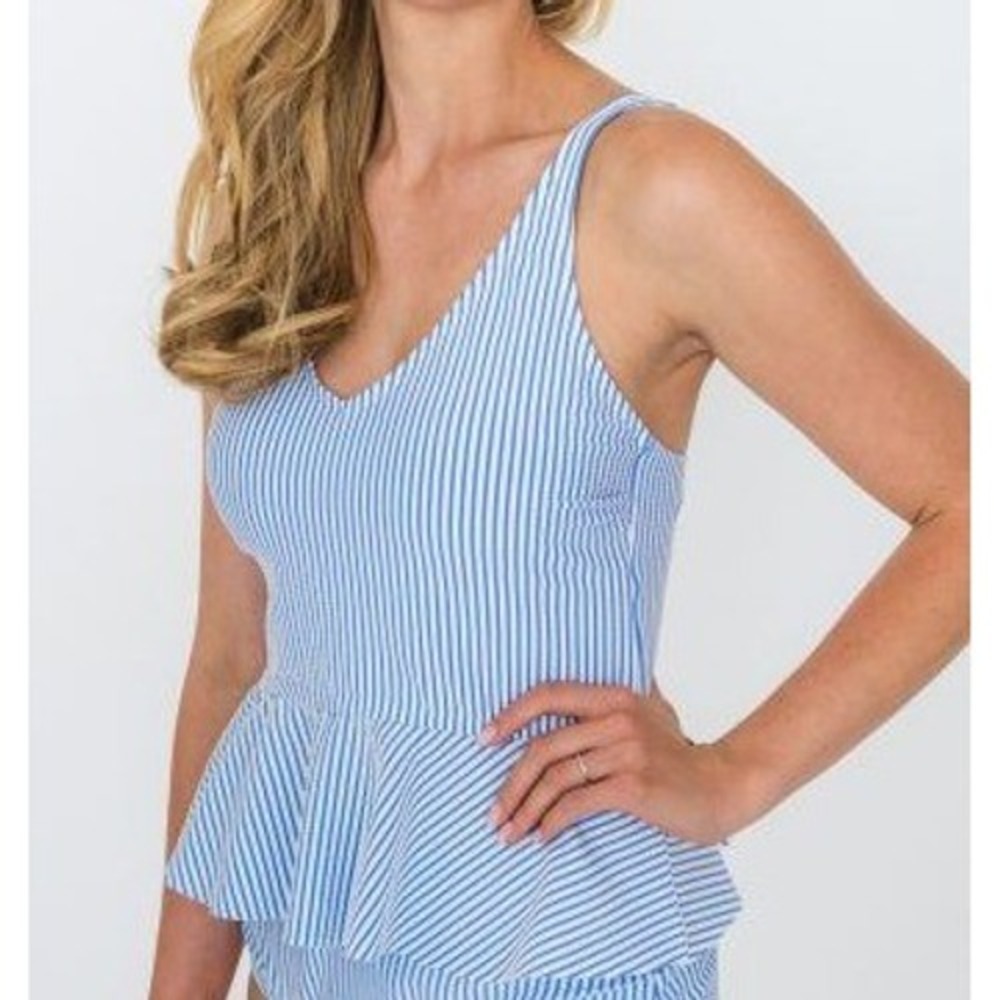 RuffleButts Women Periwinkle Blue Seersucker Peplum Tankini Top Size L